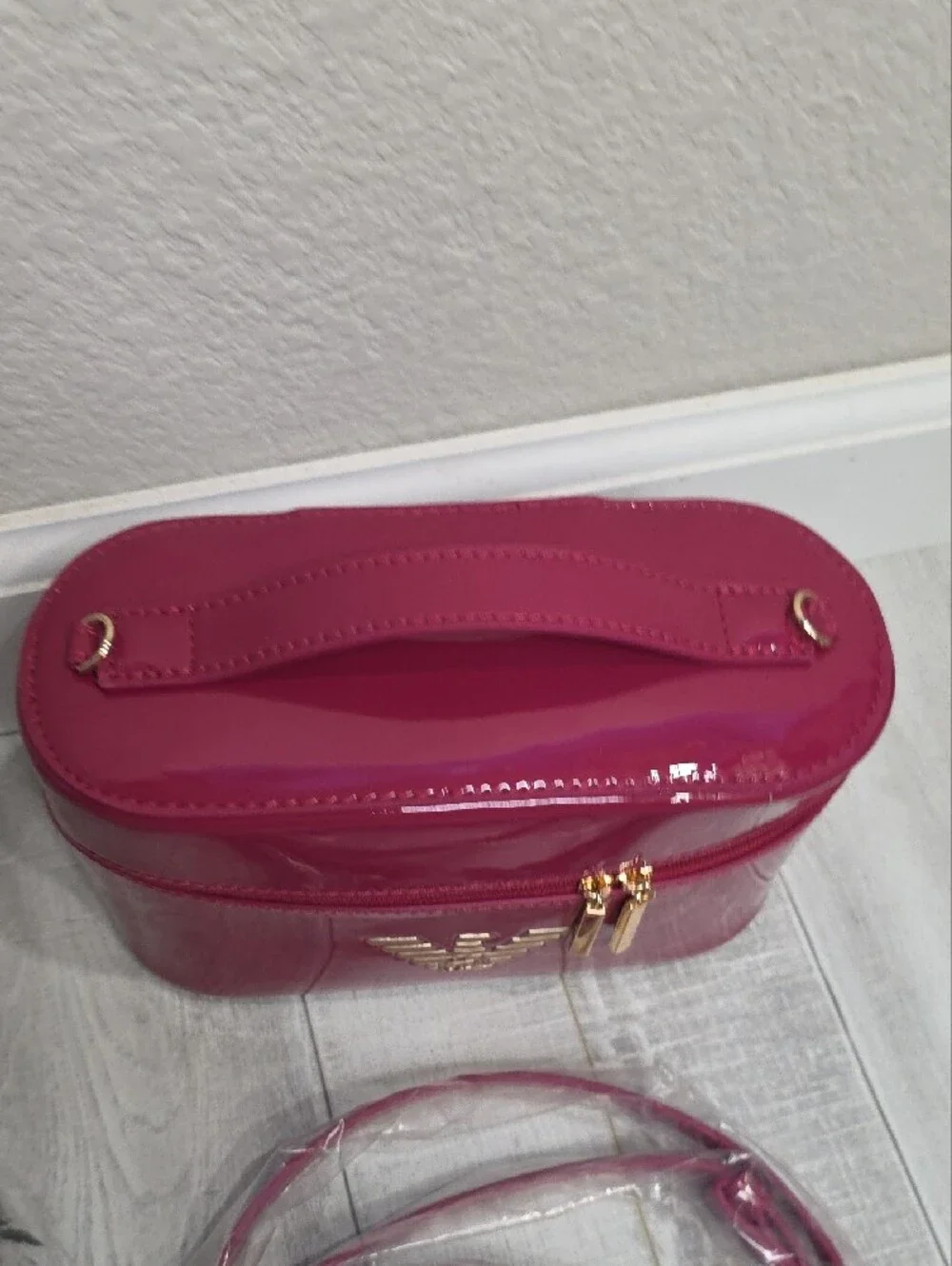 Emporio Armani Fuchsia Patent Cosmetic Case with Gold Hardware